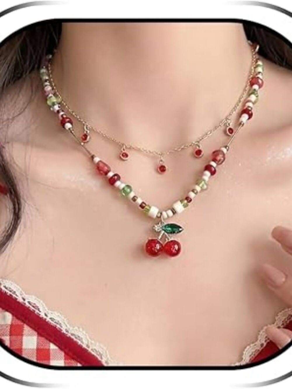 Gold Cherry Choker Necklace Layered Beaded Dainty Statement